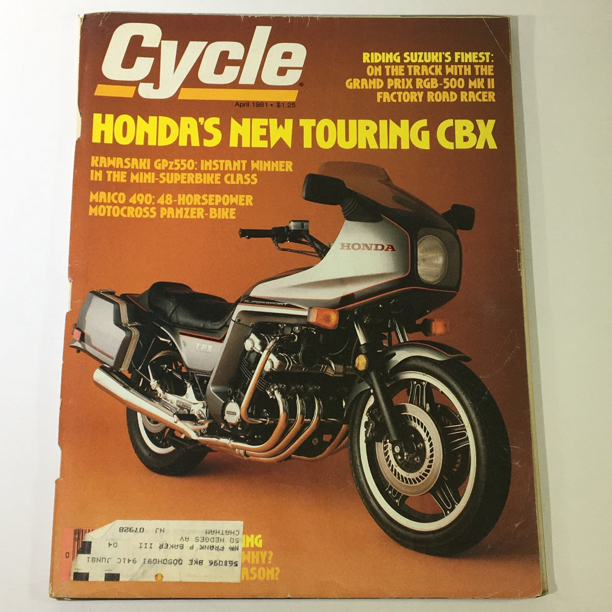Cover of VTG Cycle Magazine April 1981 featuring the Grand Prix RGB-500 MK II and Kawasaki GPz550 along with a Honda motorcycle.