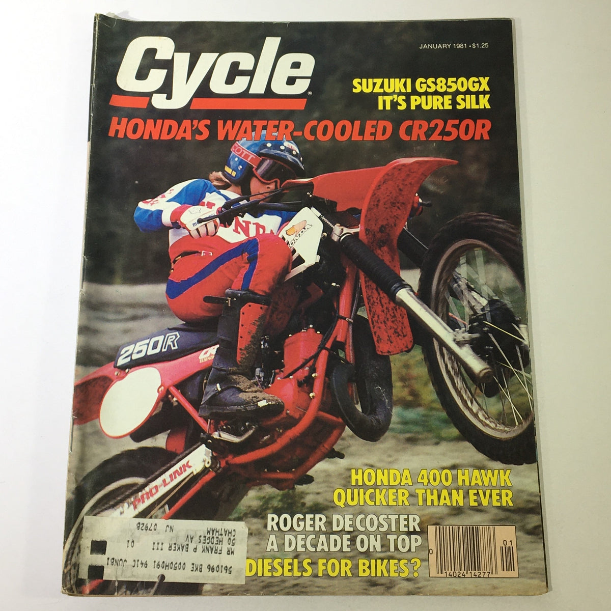 Vintage Cycle Magazine January 1981 cover featuring Honda's water-cooled CR250R, Suzuki GS850GX, and Honda 400 Hawk with vibrant motorcycle images and headlines.