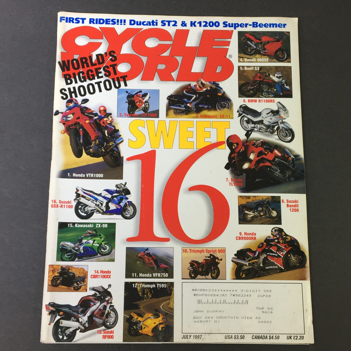 Cycle World Magazine July 1997 cover featuring Ducati ST2, K1200 Super-Beemer, and Honda VTR1000 with colorful graphics and motorcycle images.