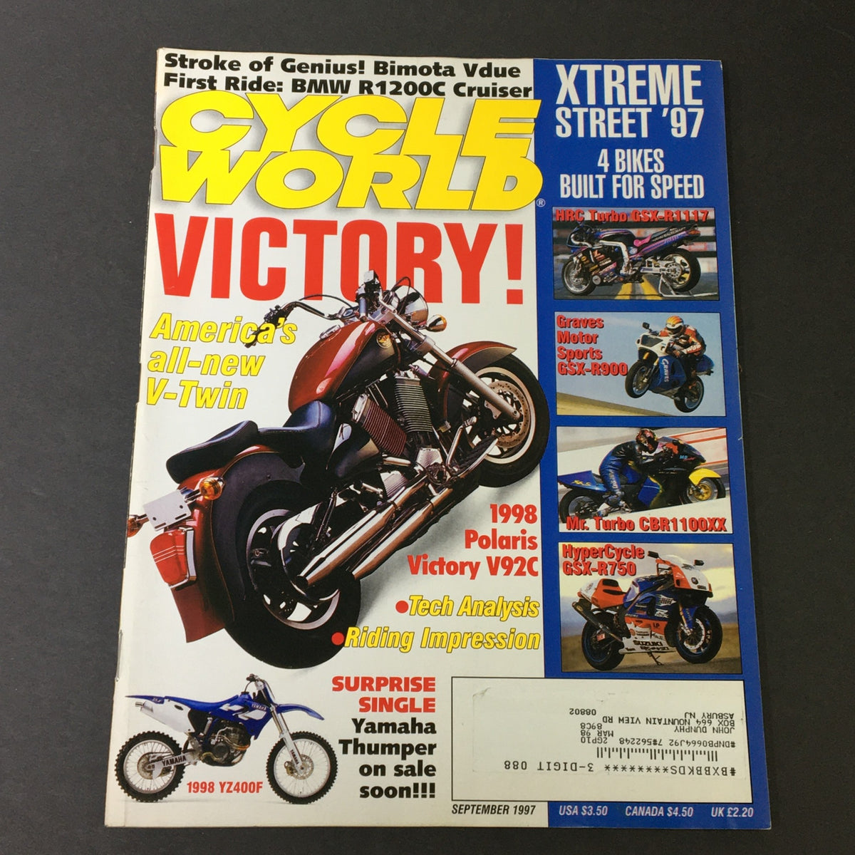 Cycle World Magazine September 1997 featuring HRC Turbo GSX-R1117, Mr Turbo CBR1100XX, and a vintage motorcycle cover. Highlights insights on motorcycle performance and engineering advancements.