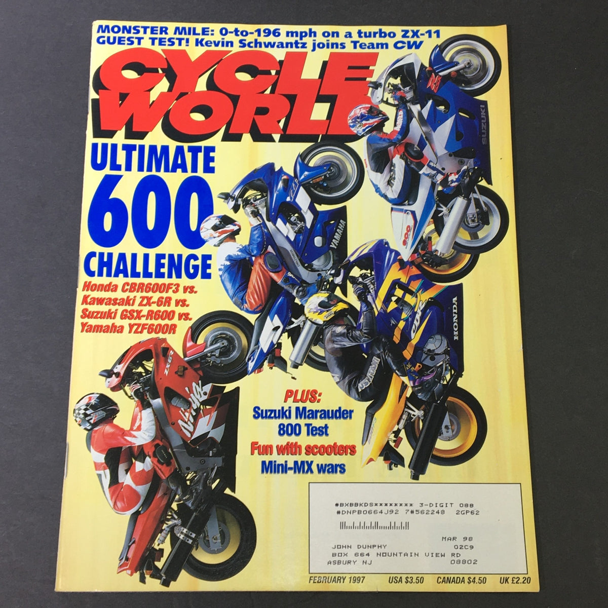 Cycle World Magazine February 1997 cover featuring Honda CBR600F3, Kawasaki ZX-6R, and Suzuki GSX-R600 in a 600 ultimate challenge comparison.