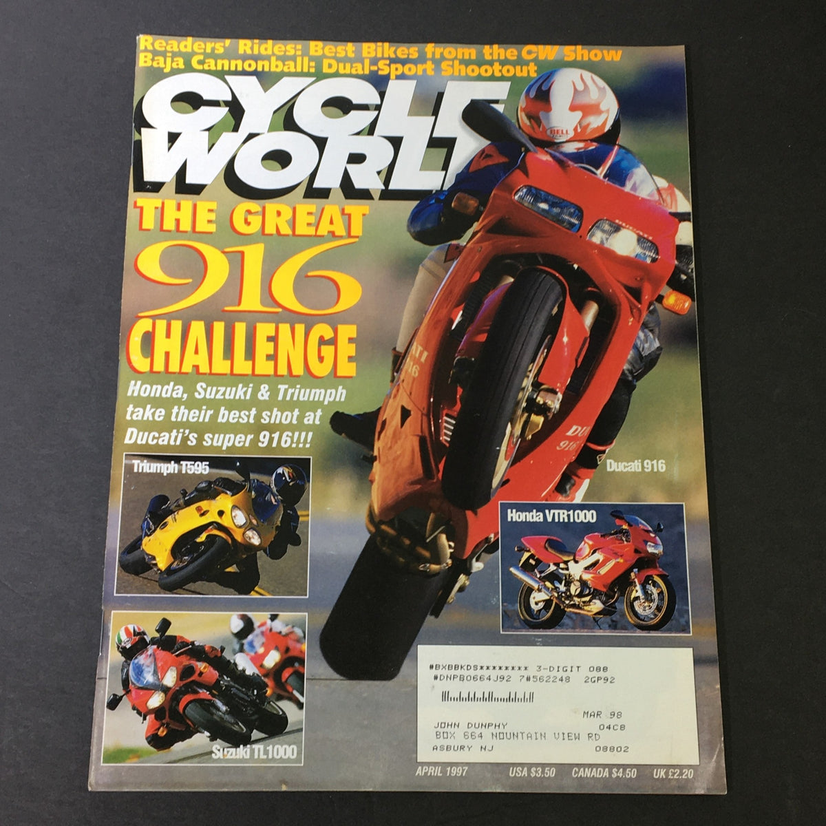 Cover of Cycle World Magazine from April 1997 featuring the Ducati 916, Triumph T595, and Honda VTR1000. The cover showcases the headline 'THE GREAT 916 CHALLENGE' along with images of each motorcycle highlighting their performance and design.