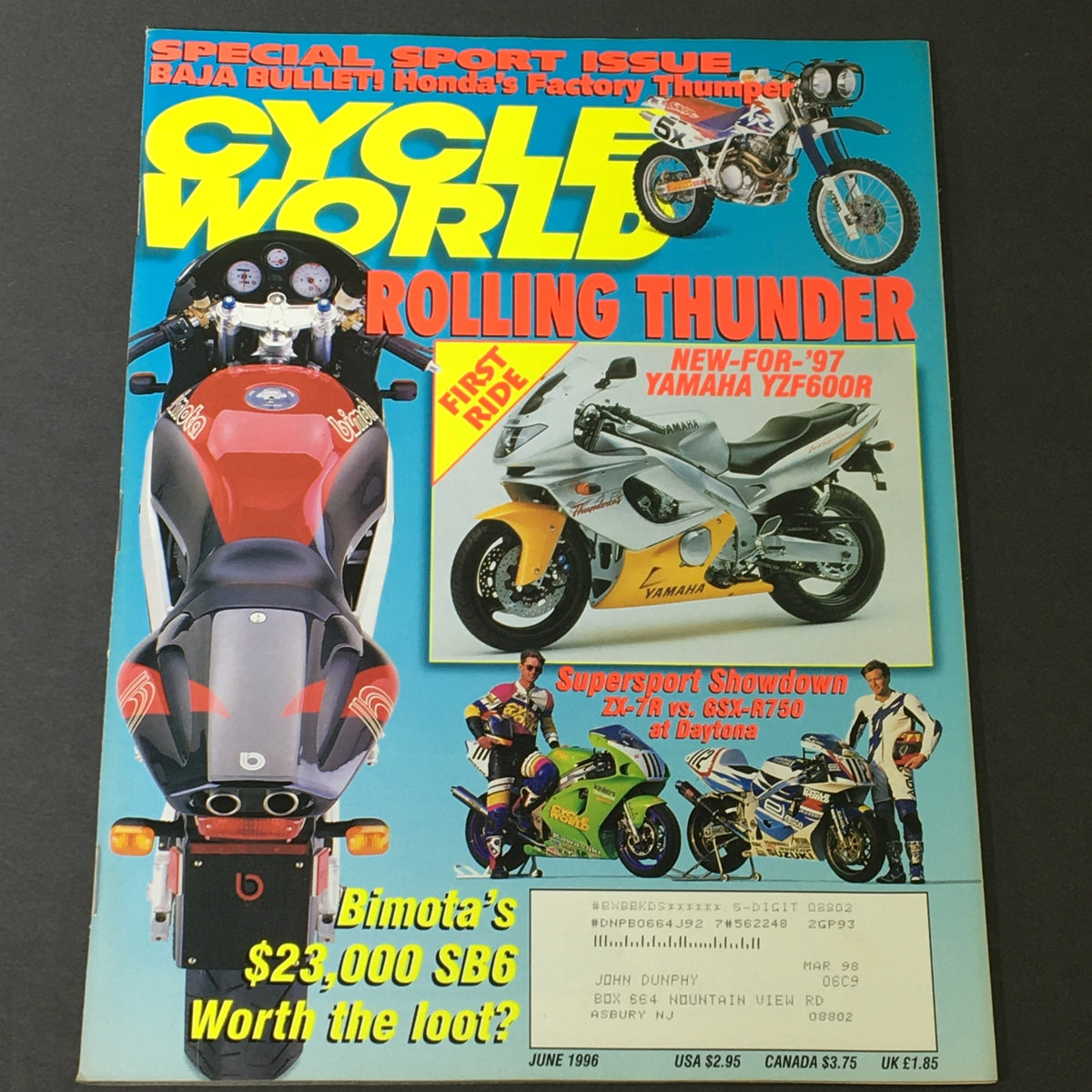 Cover of Cycle World Magazine June 1996 featuring Yamaha YZF600R, ZX-7R, and GSX-R750 at Daytona, showcasing motorcycle racing culture and technology advancements.