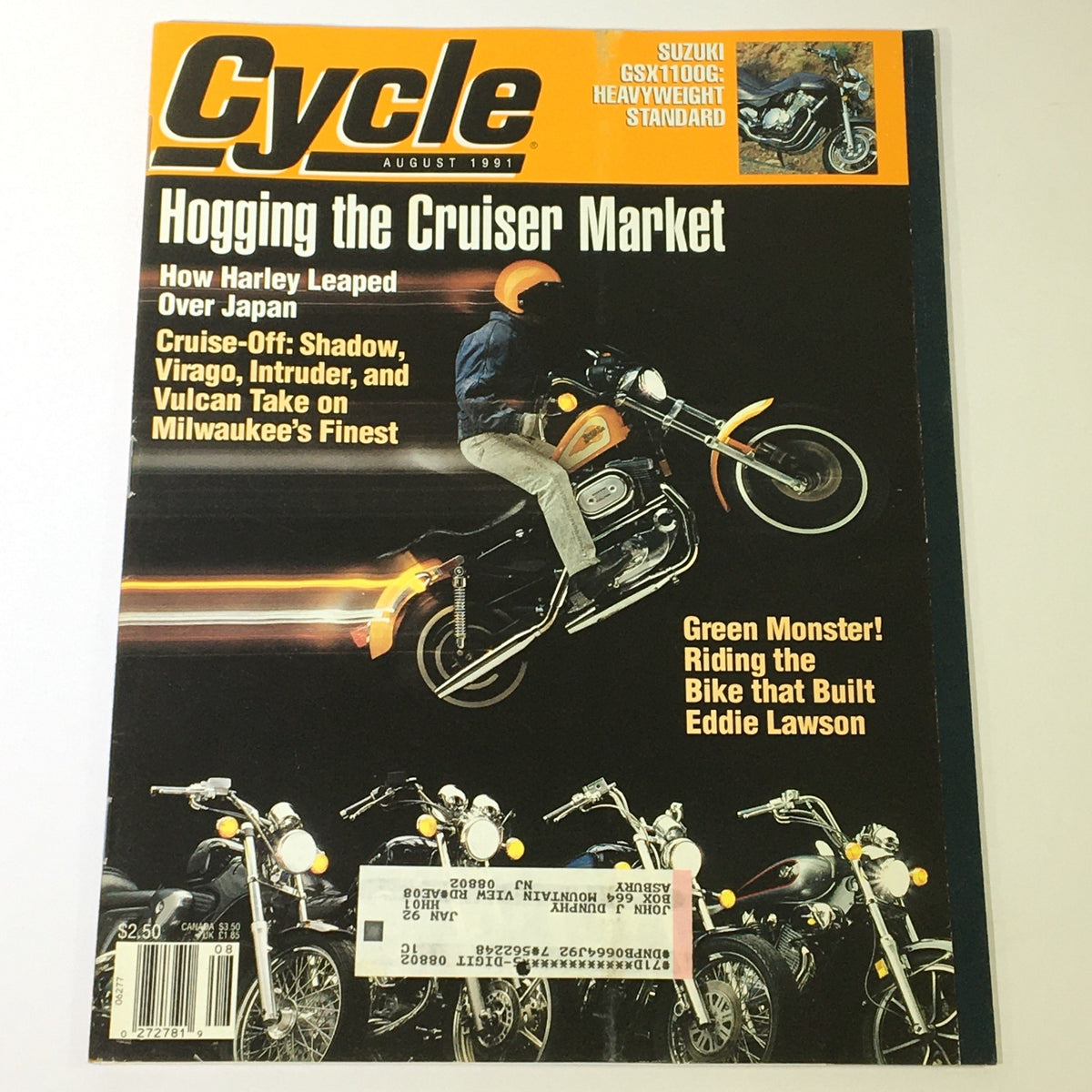 Cycle Magazine August 1991 edition featuring the Suzuki GSX1100G and showcasing motorcycle culture with an emphasis on Harley's market strategies.
