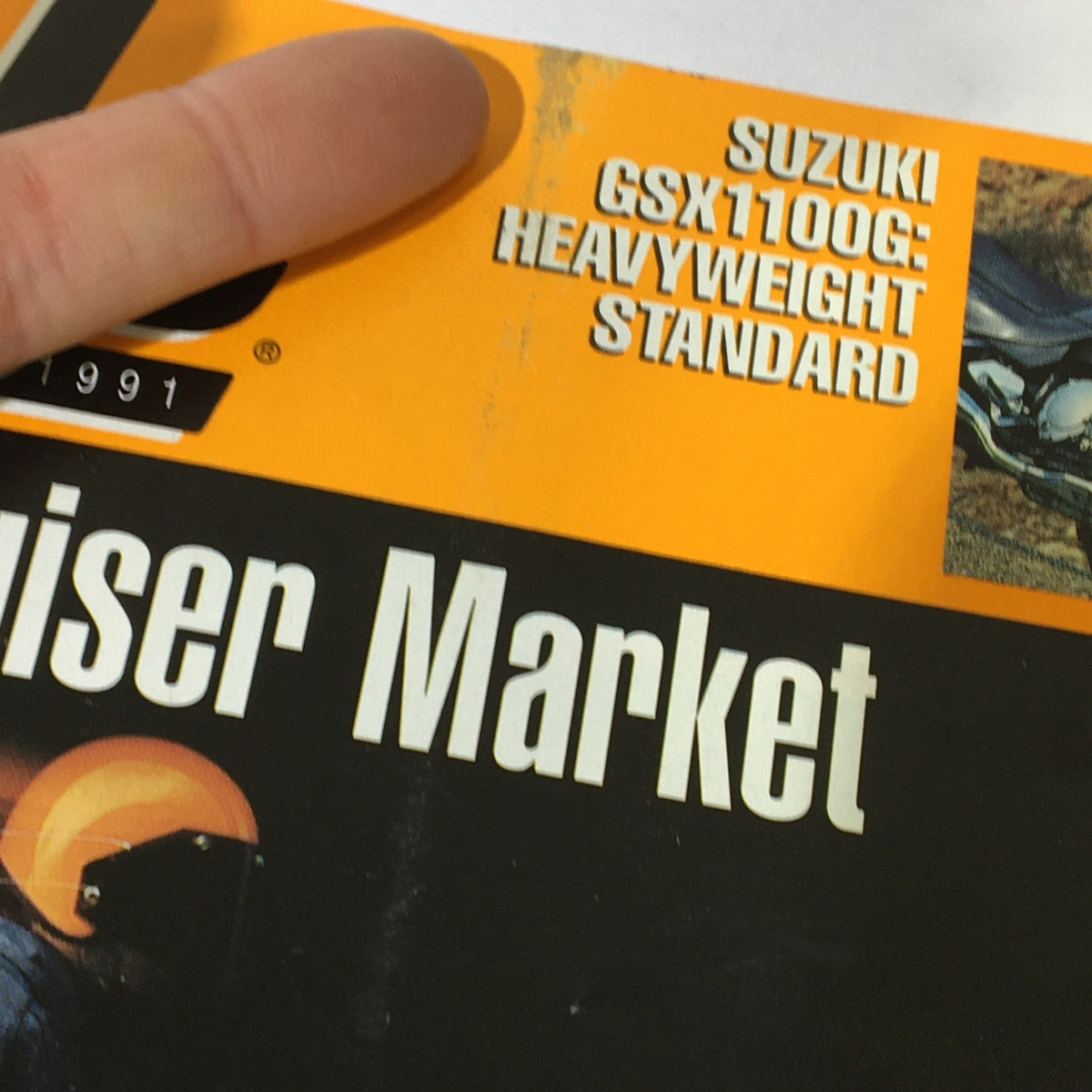 Close-up view of the Cycle Magazine August 1991 cover highlighting the Suzuki GSX1100G as a heavyweight standard motorcycle.