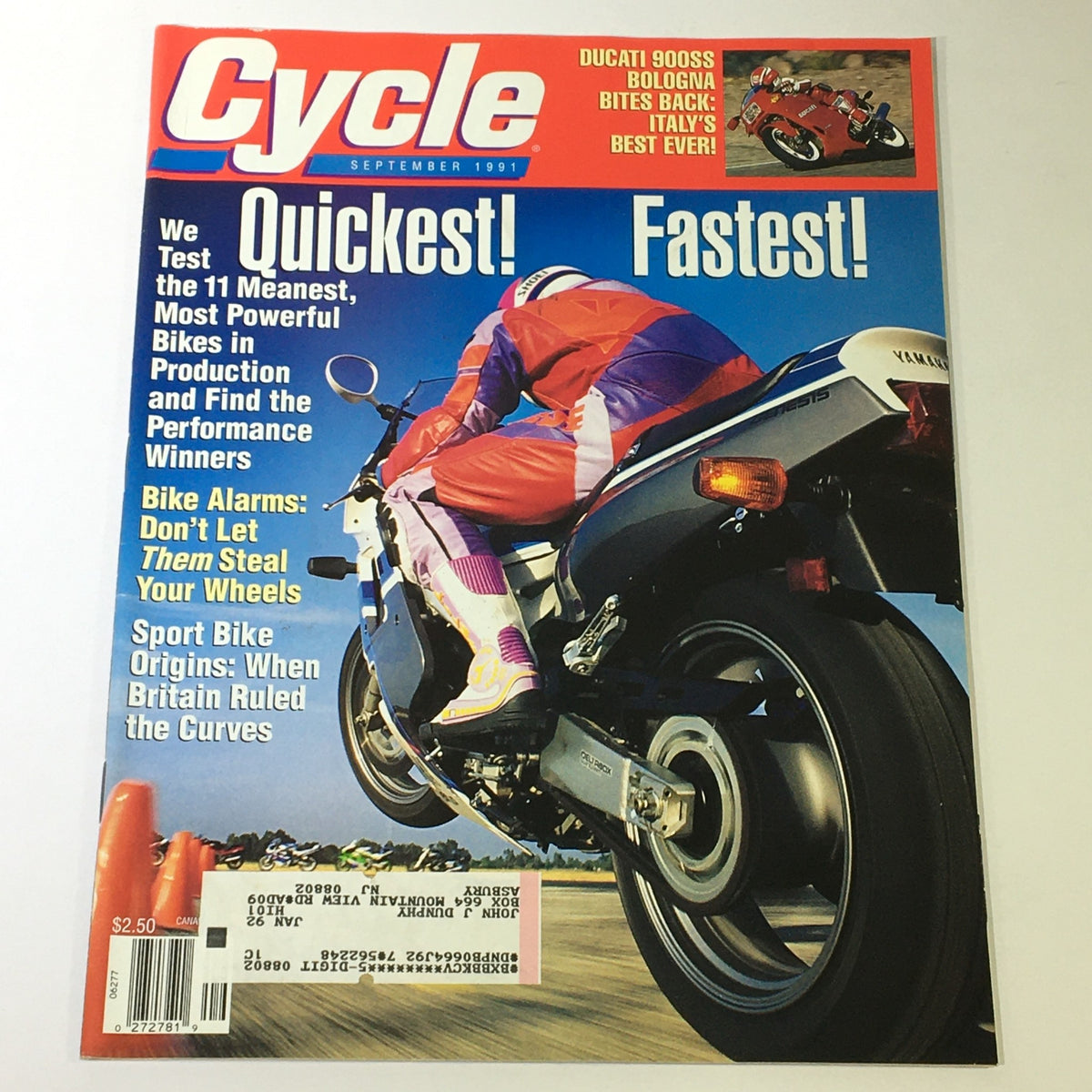 Cover of Cycle Magazine September 1991 featuring Ducati 900SS Bologna and Yamaha Genesis with vibrant motorcycle imagery and test features on high-performance bikes.