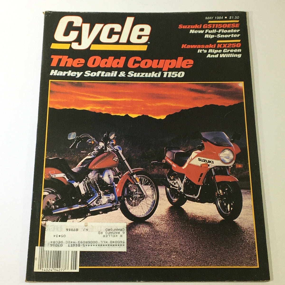 Cycle Magazine May 1984 cover featuring Harley Softail and Suzuki 1150 motorcycles, showcasing vibrant sunset background and iconic models in vintage style.