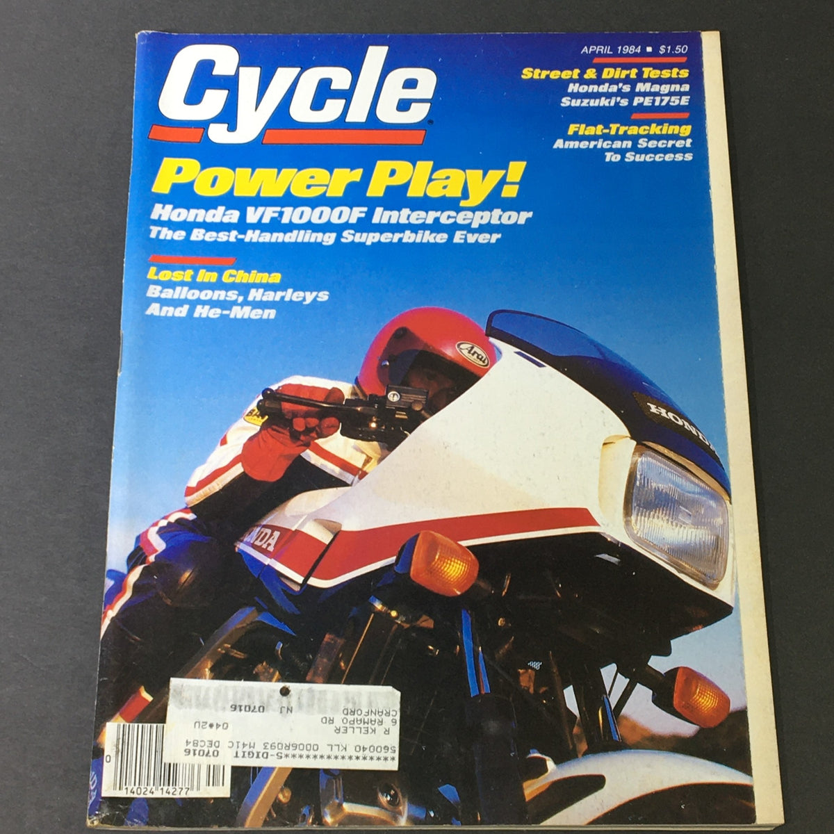 Cover of VTG Cycle Magazine April 1984 featuring the Honda VF1000F motorcycle, with bold text 'Power Play!' and an article on Honda's best-handling superbike, along with Suzuki PE175E and Honda Magna motorcycle highlights.