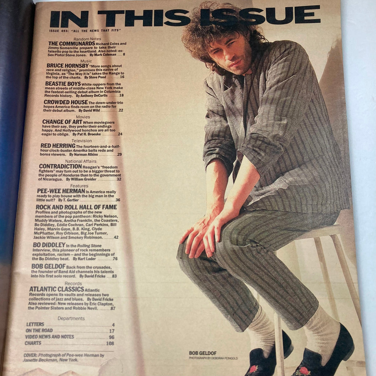 Table of contents from the February 12, 1987 issue of Rolling Stone Magazine, featuring prominent names including Pee-Wee Herman, Bruce Hornsby, and Beastie Boys. Highlights various articles and features of this pop culture publication.