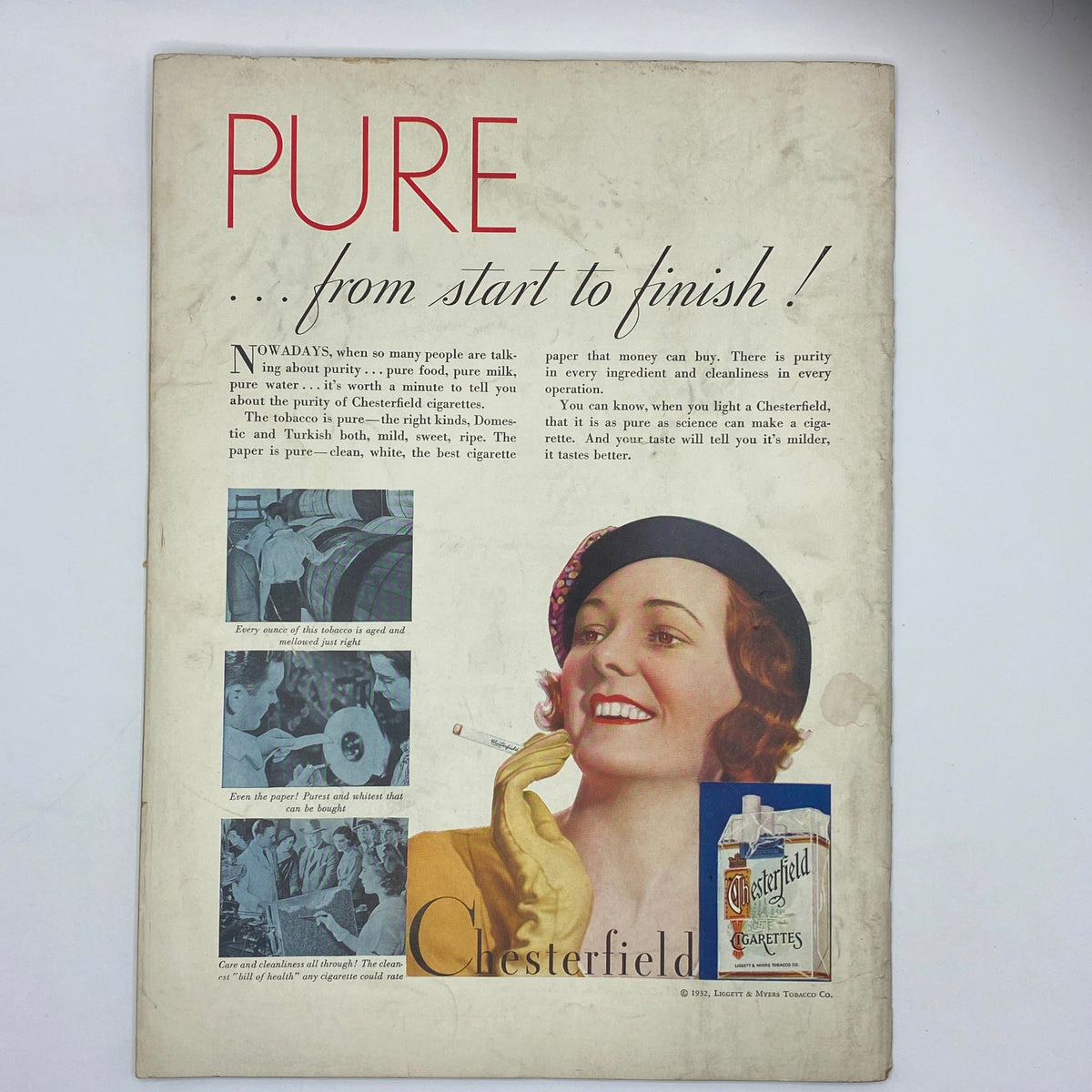 Vintage Chesterfield cigarette advertisement showcasing a woman smoking, emphasizing purity in cigarette manufacturing, from The New Yorker magazine dated September 17, 1932 with Peter Arno cover.