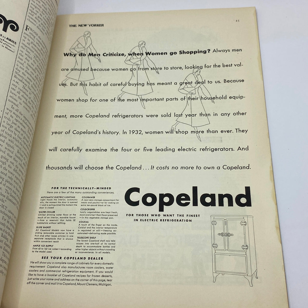 Advertisement page from The New Yorker magazine, March 5, 1932, promoting Copeland refrigerators with a focus on women's shopping habits.