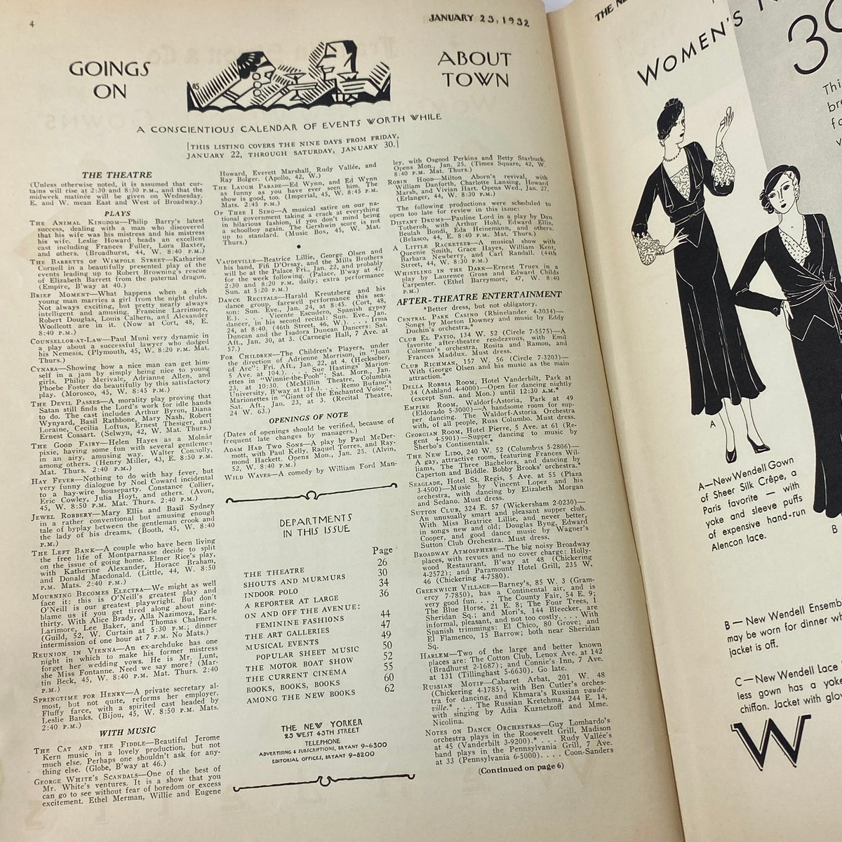 Interior page of The New Yorker Complete Magazine January 23, 1932 displaying the 'Goings On' section, illustrating calendar events from that time.