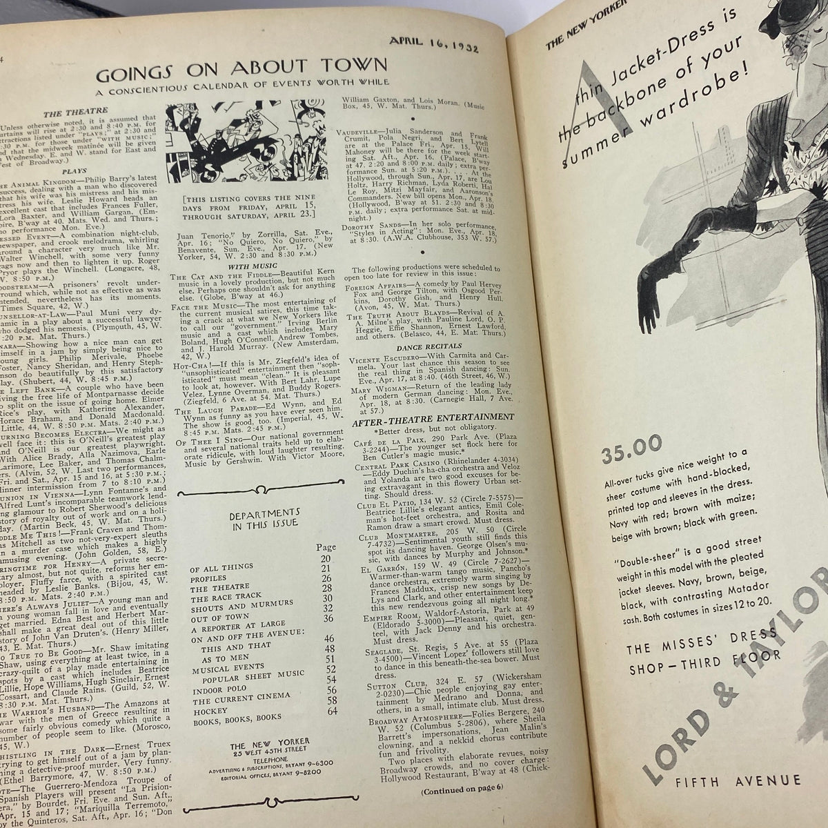 Interior page of The New Yorker magazine from April 16, 1932 featuring event calendar section, showcasing cultural happenings.