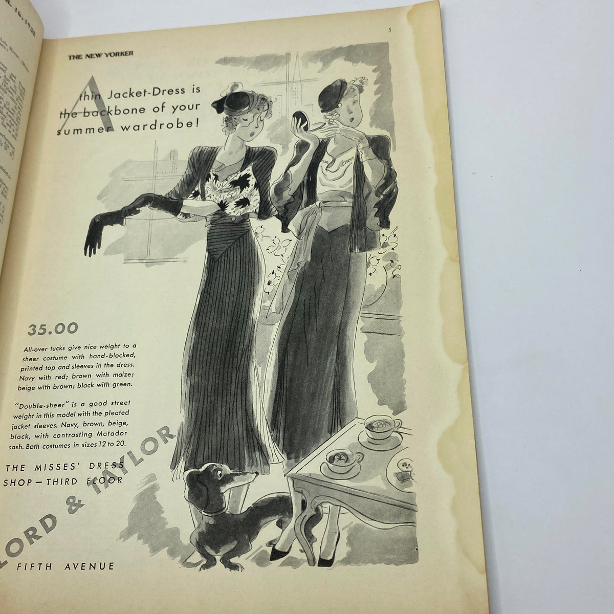 Fashion advertisement from The New Yorker April 16, 1932, depicting stylish women in jackets and dresses, emphasizing summer wardrobe essentials.