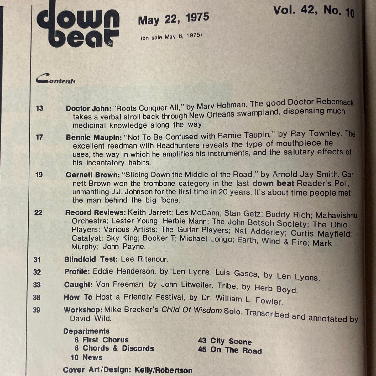 Table of contents from Down Beat Magazine May 22, 1975, Vol 42 No. 10. Lists feature articles on Dr. John, Bennie Maupin, and Garnett Brown, along with record reviews and profiles, illustrating the rich content for music enthusiasts.
