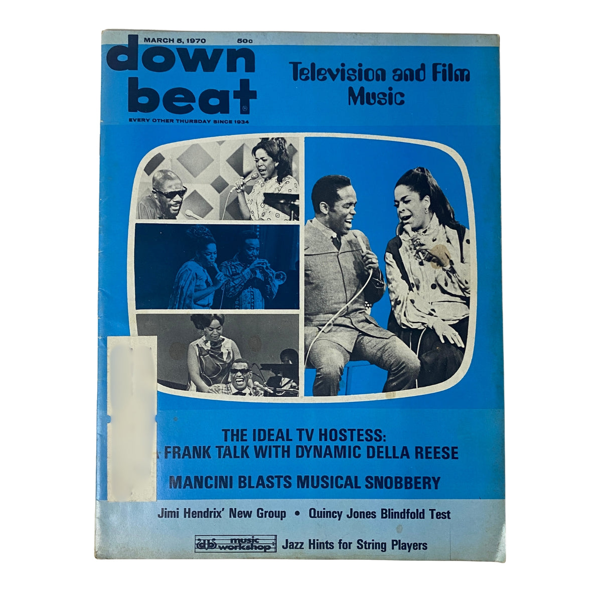 Cover of Down Beat Magazine from March 5, 1970, featuring Jimi Hendrix and Quincy Jones. The magazine headline highlights 'Television and Film Music,' with a focus on Della Reese's interview and other articles about music, including a Blindfold Test by Quincy Jones.