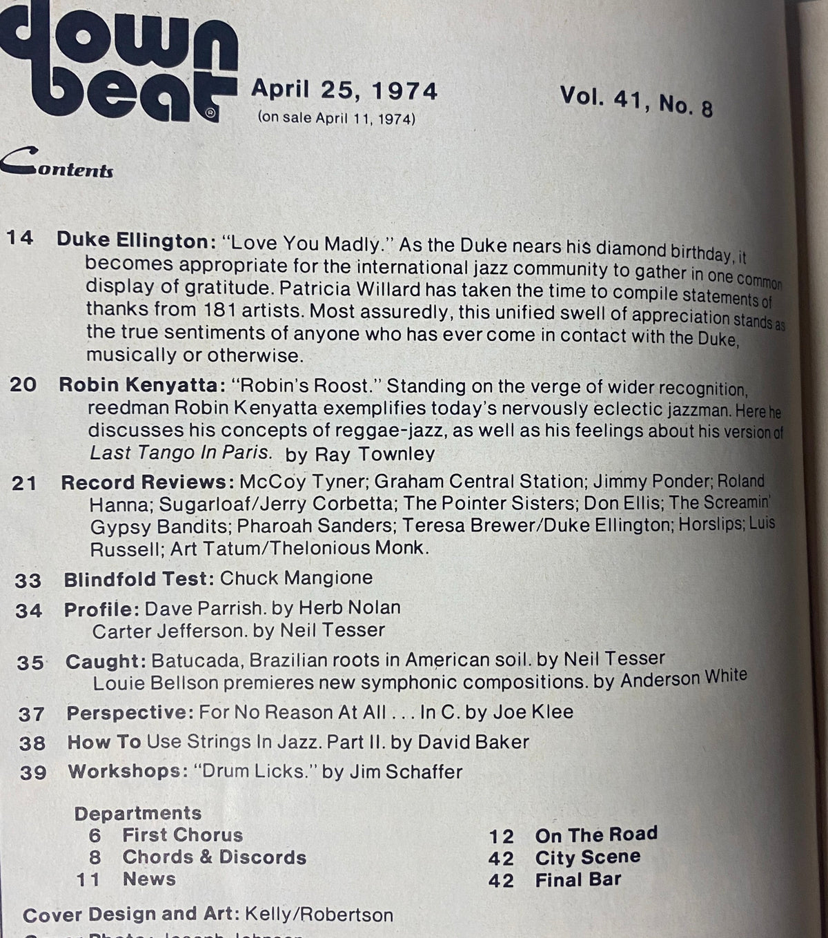 Inside page of Down Beat Magazine, April 25, 1974, Vol 41 No. 8 displaying the table of contents and features such as articles on Duke Ellington and Robin Kenyatta.