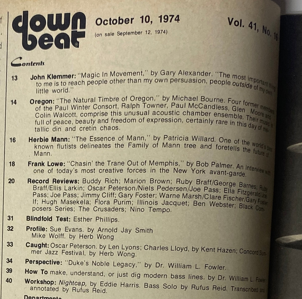 Inside page of Down Beat Magazine October 10, 1974 Vol 41 No. 16 showcasing the table of contents including articles about John Klemmer, Herbie Mann, and Frank Lowe.