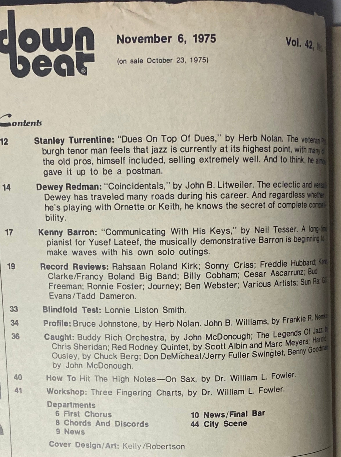 Cover of Down Beat Magazine, November 6, 1975 featuring an article about Stanley Turrentine titled 'Dues On Top Of Dues' and Dewey Redman, along with a table of contents highlighting notable jazz musicians and topics.
