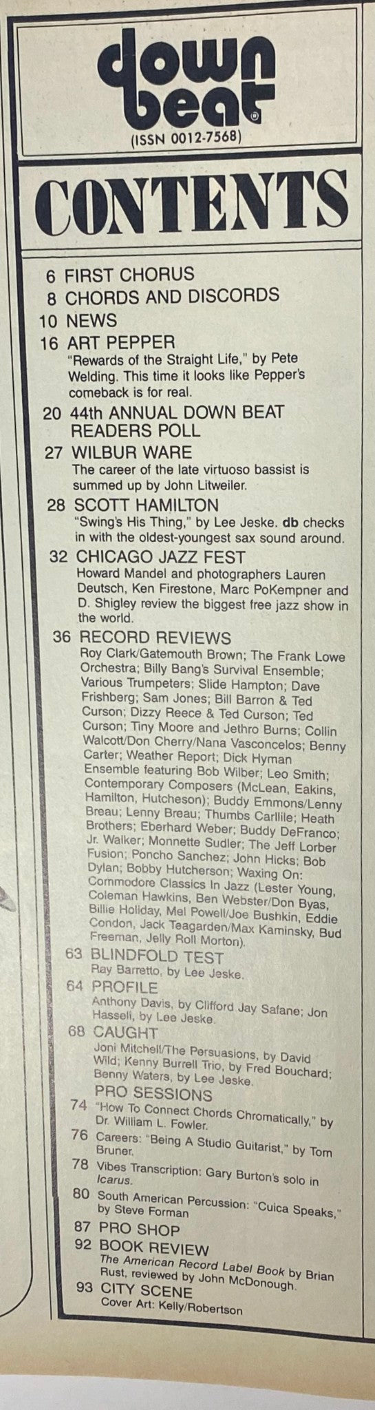 Table of contents from Down Beat Magazine December 1979, detailing features on jazz musicians and articles including Charlie Mingus, Ella Fitzgerald, and the Chicago Jazz Fest.