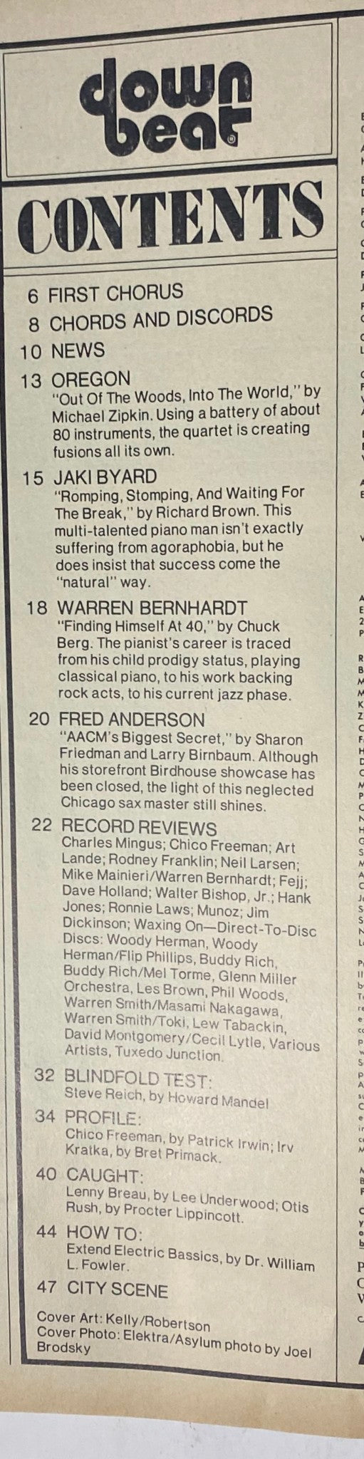 Contents page of Down Beat Magazine March 8, 1979 detailing features on Jaki Byard, Warren Bernhardt, and various jazz reviews.