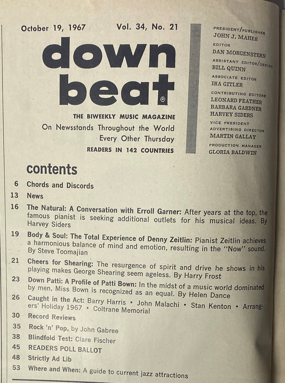 Table of contents from Down Beat Magazine October 19, 1967, Vol 34 No 21, listing features such as a conversation with Erroll Garner and a profile on pianist Denny Zeitlin.