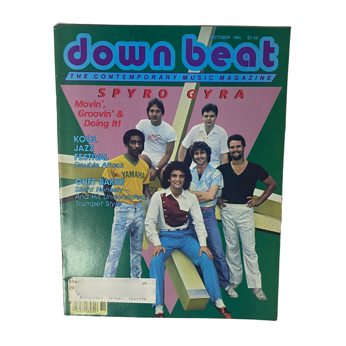 Cover of Down Beat Magazine, October 1981, Vol 48 No. 10 featuring Spyro Gyra, Kool Jazz Festival, and Chet Baker, showcasing vibrant colors and bold text.