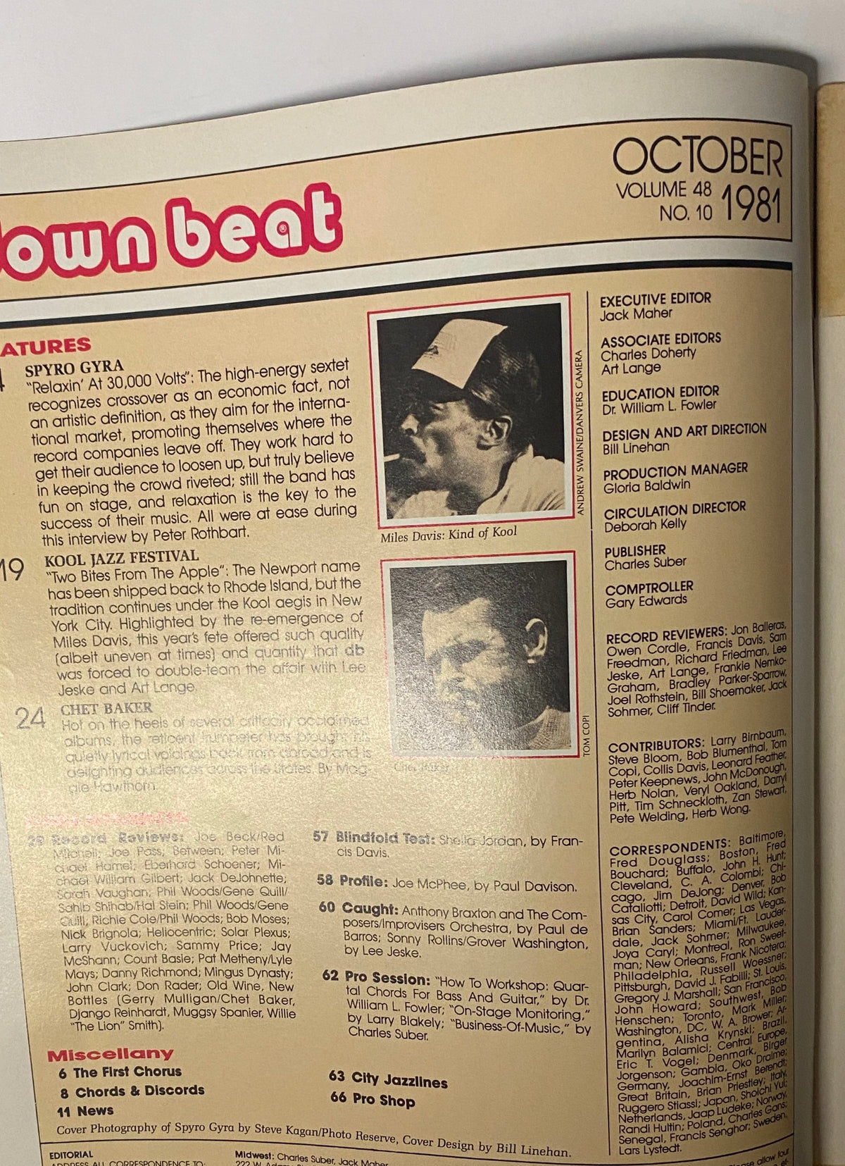 Inside page of Down Beat Magazine, October 1981, with features including an interview about Miles Davis and the Kool Jazz Festival, indicating the magazine's focus on contemporary music.