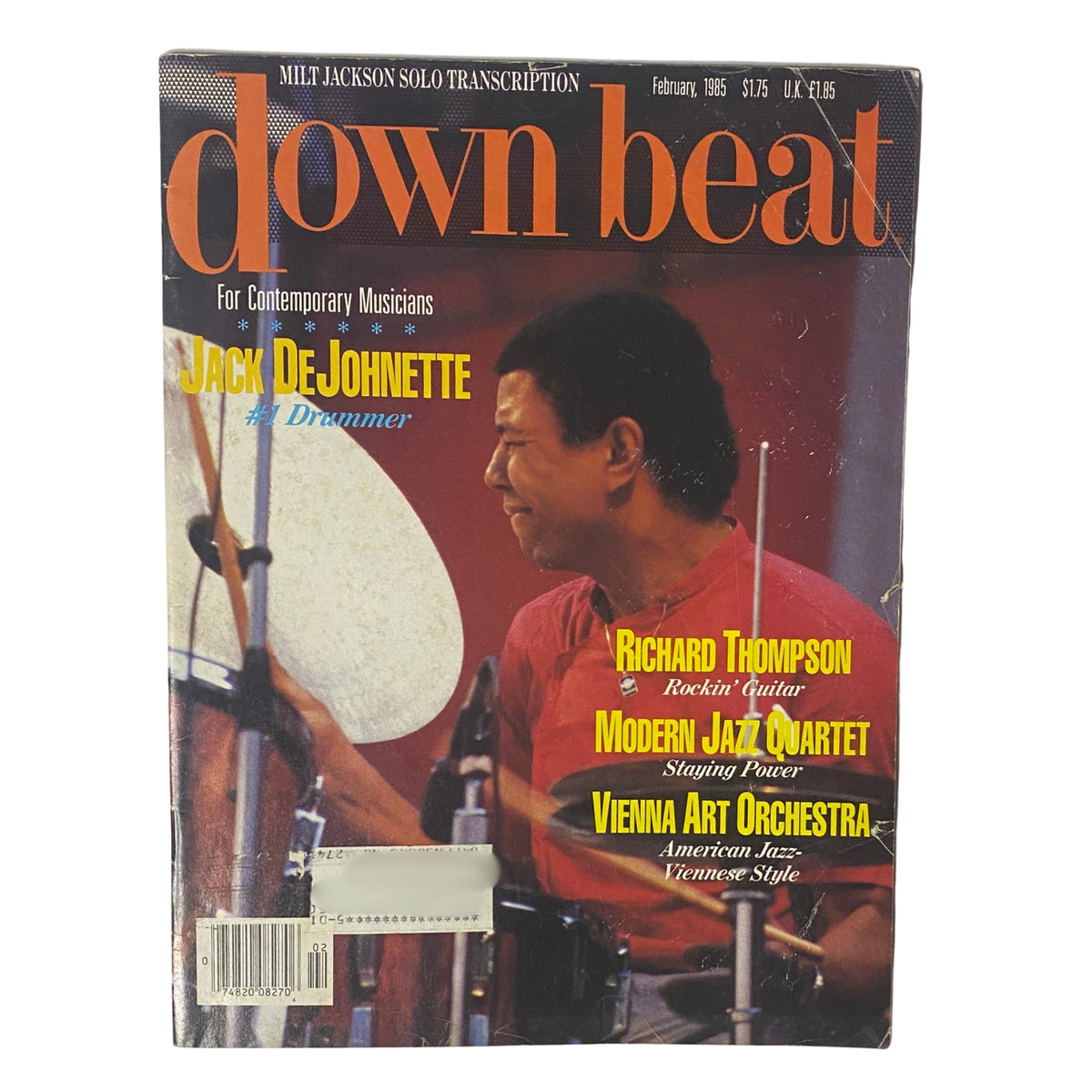 Cover of Down Beat Magazine from February 1985 featuring Jack DeJohnette as #1 Drummer, alongside articles about Richard Thompson, Modern Jazz Quartet, and Vienna Art Orchestra.