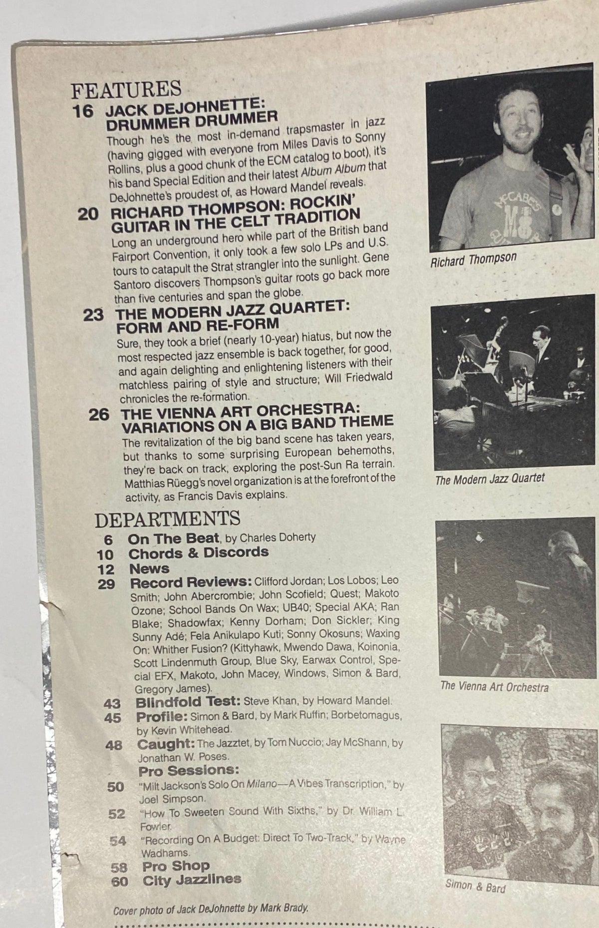 Inside page of Down Beat Magazine February 1985 highlighting features on Jack DeJohnette, Richard Thompson, Modern Jazz Quartet, and Vienna Art Orchestra.