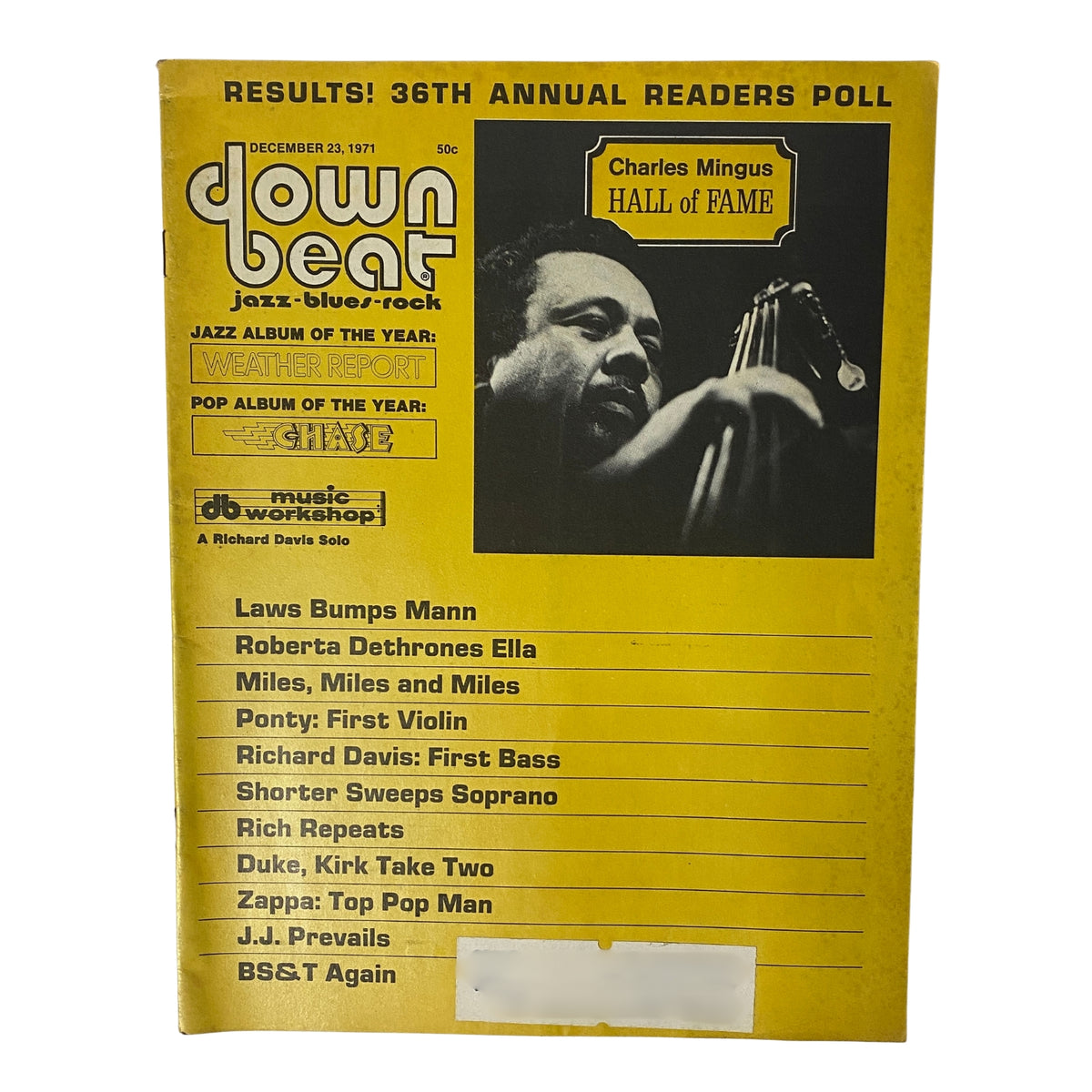 Cover of Down Beat Magazine December 23, 1971, Vol 38 No. 22 featuring Charles Mingus Hall of Fame, highlights the results of the 36th Annual Readers Poll.