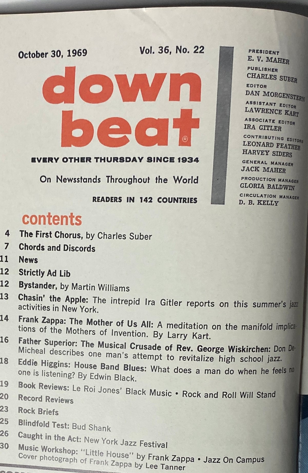 Table of contents from Down Beat Magazine, October 30, 1969, Vol 36 No. 22 showcasing articles including 'The First Chorus,' 'Chords and Discords,' and a feature on Frank Zappa.
