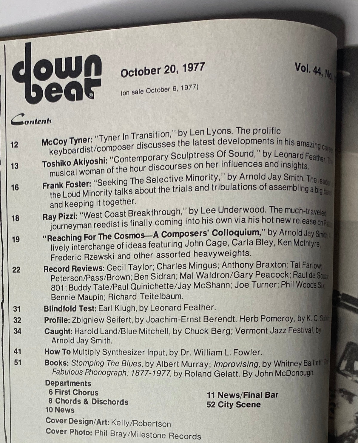 Table of Contents of Down Beat Magazine October 20, 1977, detailing articles on McCoy Tyner, Toshiko Akiyoshi, and Frank Foster along with music reviews and features.