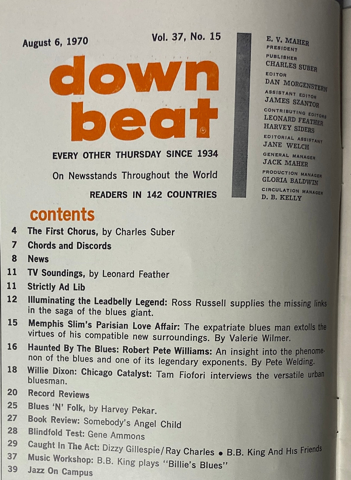 Inside page of Down Beat Magazine August 6, 1970 Vol 37 No. 15, revealing the table of contents, including articles like 'The First Chorus' by Charles Suber and 'Music Workshop' featuring B.B. King playing 'Billie’s Blues'.