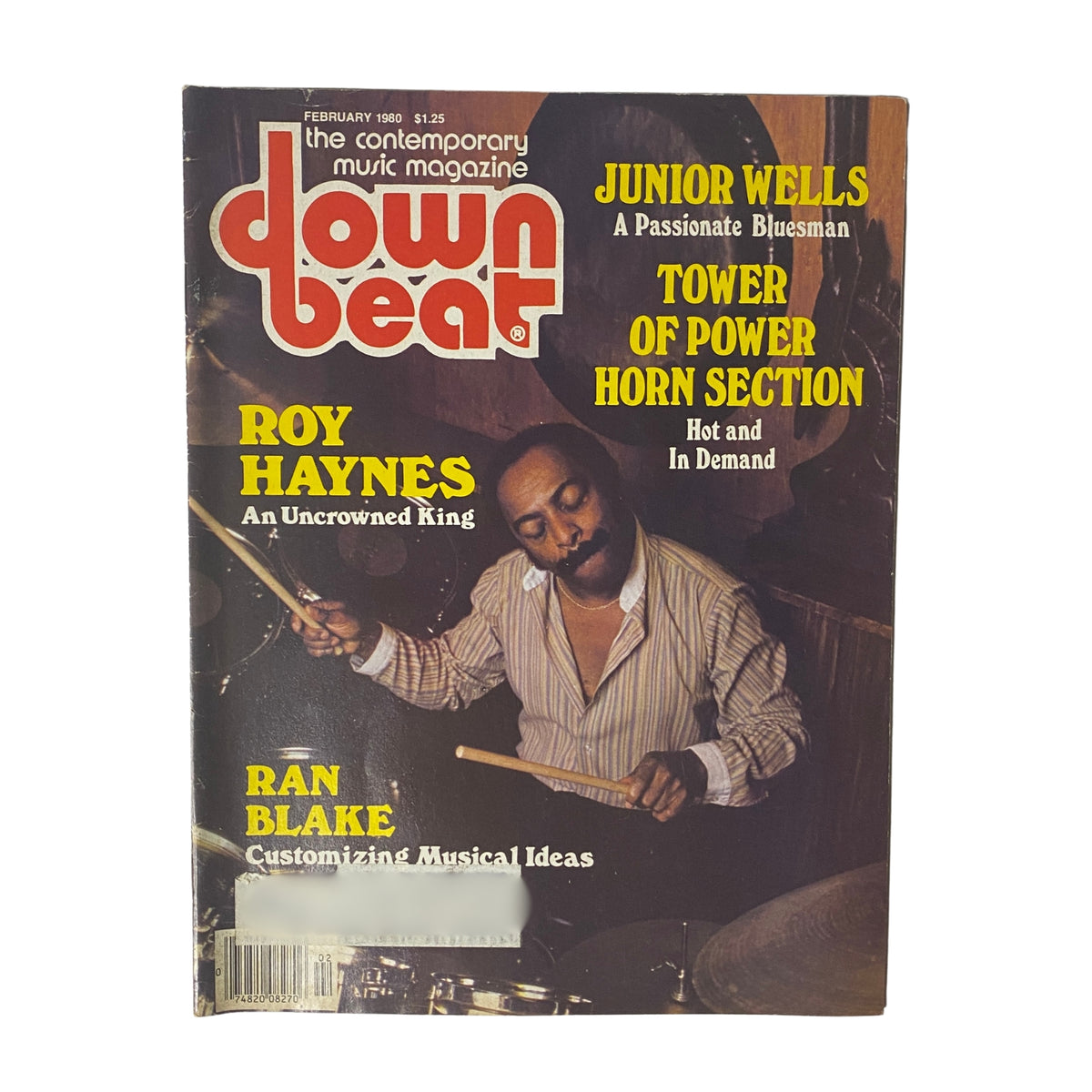 Cover of Down Beat Magazine February 1980 featuring Roy Haynes, Ran Blake, and Junior Wells. The magazine highlights jazz musicians and their contributions.