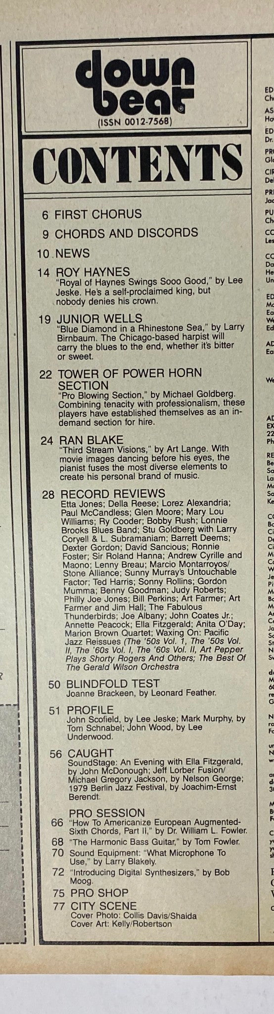 Table of contents from Down Beat Magazine February 1980, listing features on Roy Haynes, Junior Wells, and Ran Blake, along with various music reviews.