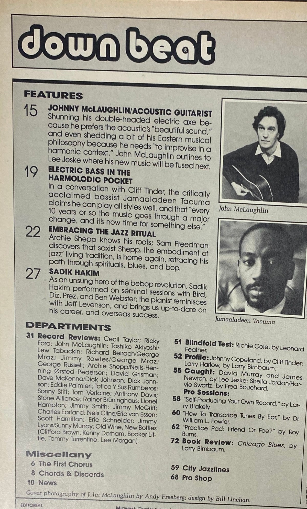 Table of Contents from Down Beat Magazine, April 1982, outlining key features including articles on Johnny McLaughlin, Jamaaladeen Tacuma, and Sadik Hakim.