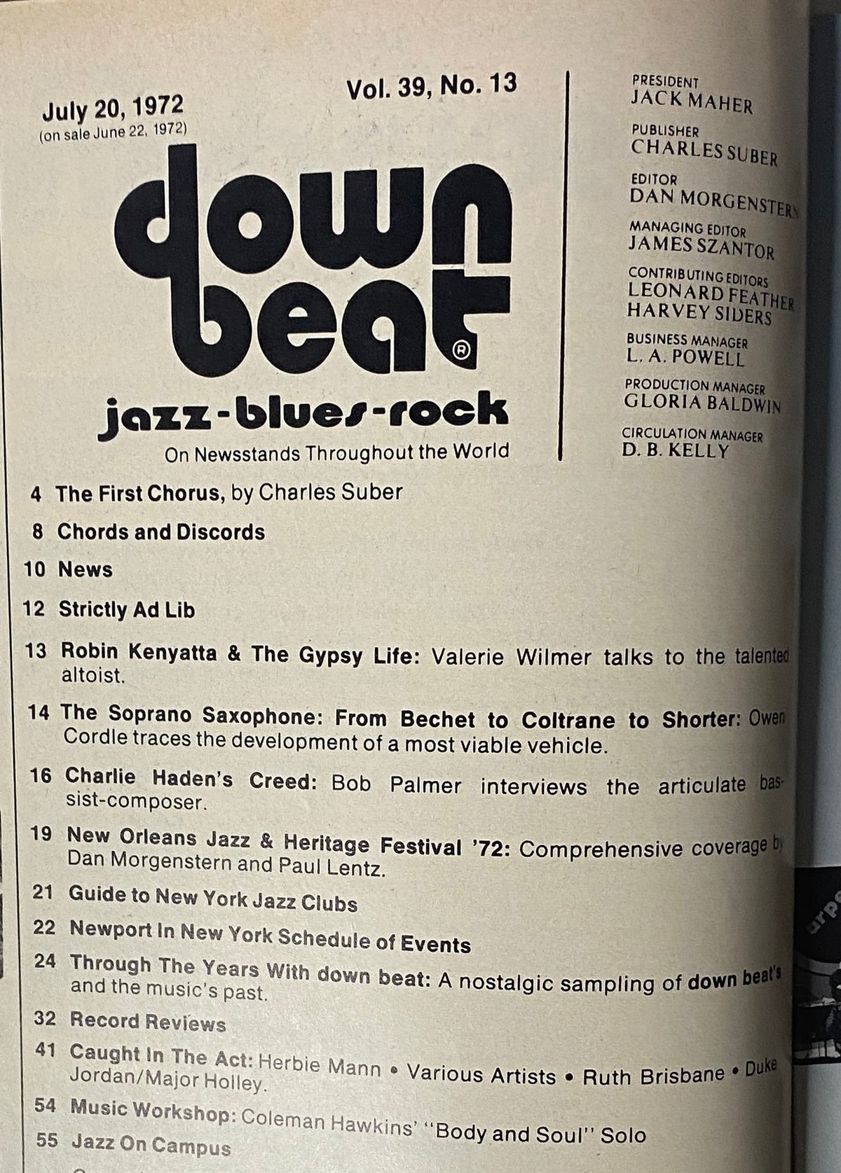 Inside page of Down Beat Magazine, July 20, 1972, Vol 39 No 13, displaying the table of contents and article list.