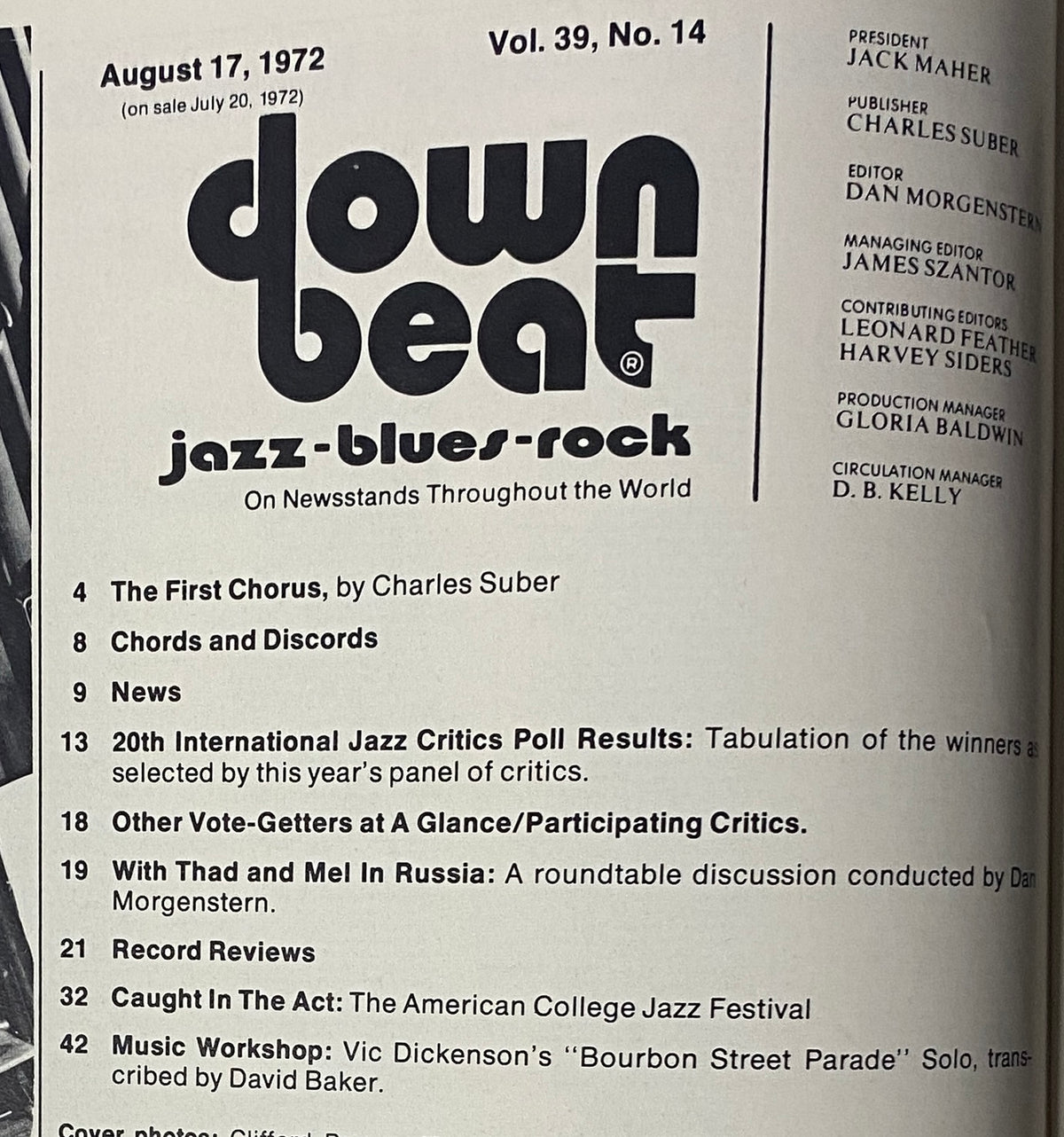 Table of Contents from Down Beat Magazine, August 17, 1972, Vol 39 No. 14, listing articles including 'The First Chorus' by Charles Suber, '20th International Jazz Critics Poll Results', and features on jazz music.