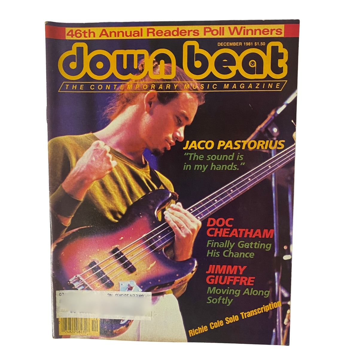 Cover of Down Beat Magazine, December 1981, Vol. 48 No. 12 featuring Jaco Pastorius, Doc Cheatham, and Jimmy Giuffre. Highlights include Jaco Pastorius discussing his album and the 46th Annual Readers Poll winners.