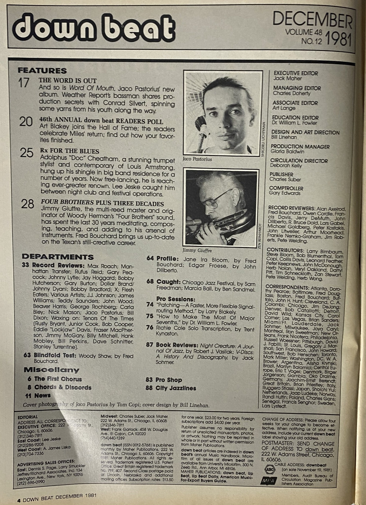 Cover page of Down Beat Magazine, December 1981, Volume 48, No. 12, featuring Jaco Pastorius and Jimmy Giuffre. Highlights include features on the jazz legends Jaco Pastorius and Doc Cheatham, along with the 46th Annual Down Beat Readers Poll.