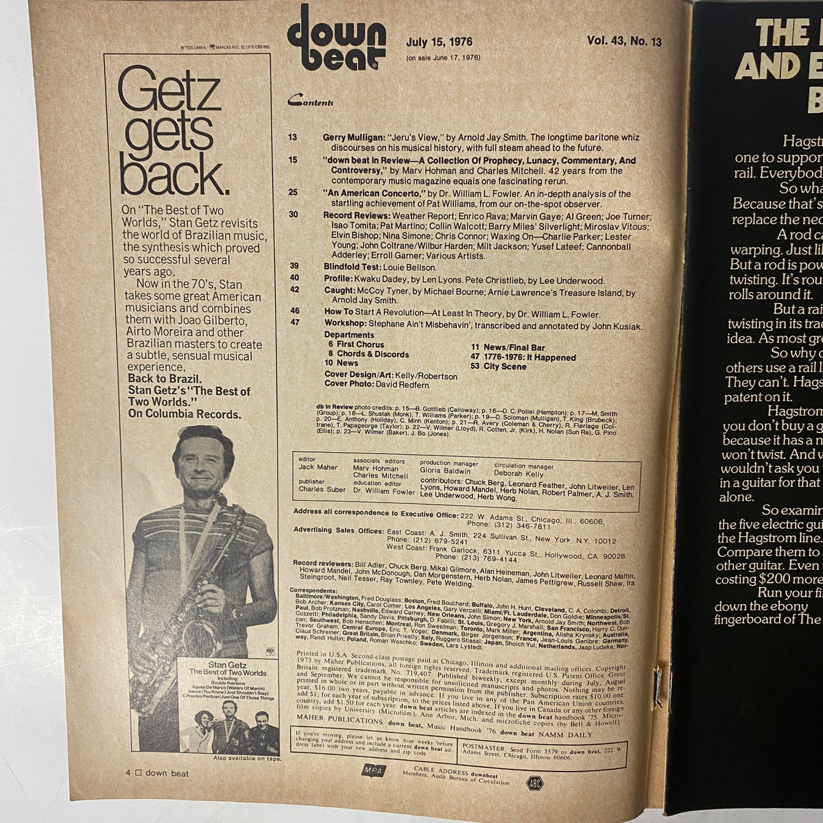 Interior page of Down Beat Magazine July 15, 1976 (Vol. 43 No. 13) showcasing the table of contents and featuring various artists including Gerry Mulligan.
