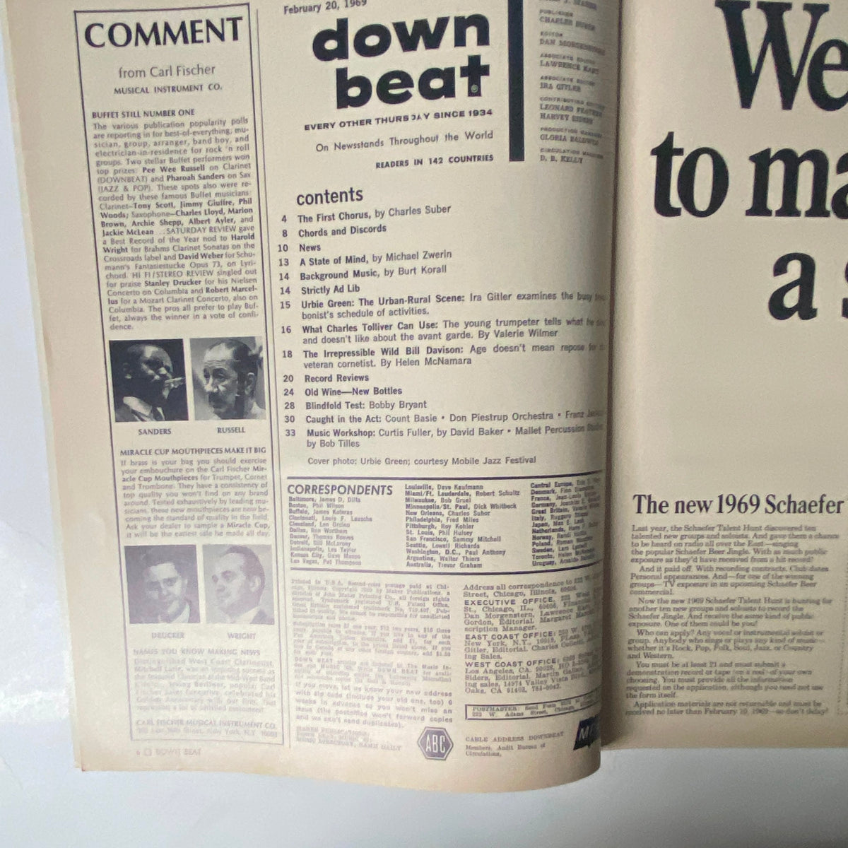 Inside page of Down Beat Magazine, February 20, 1969 displaying contents including articles by Michael Zwerin and Burt Korall, celebrating jazz musicians.