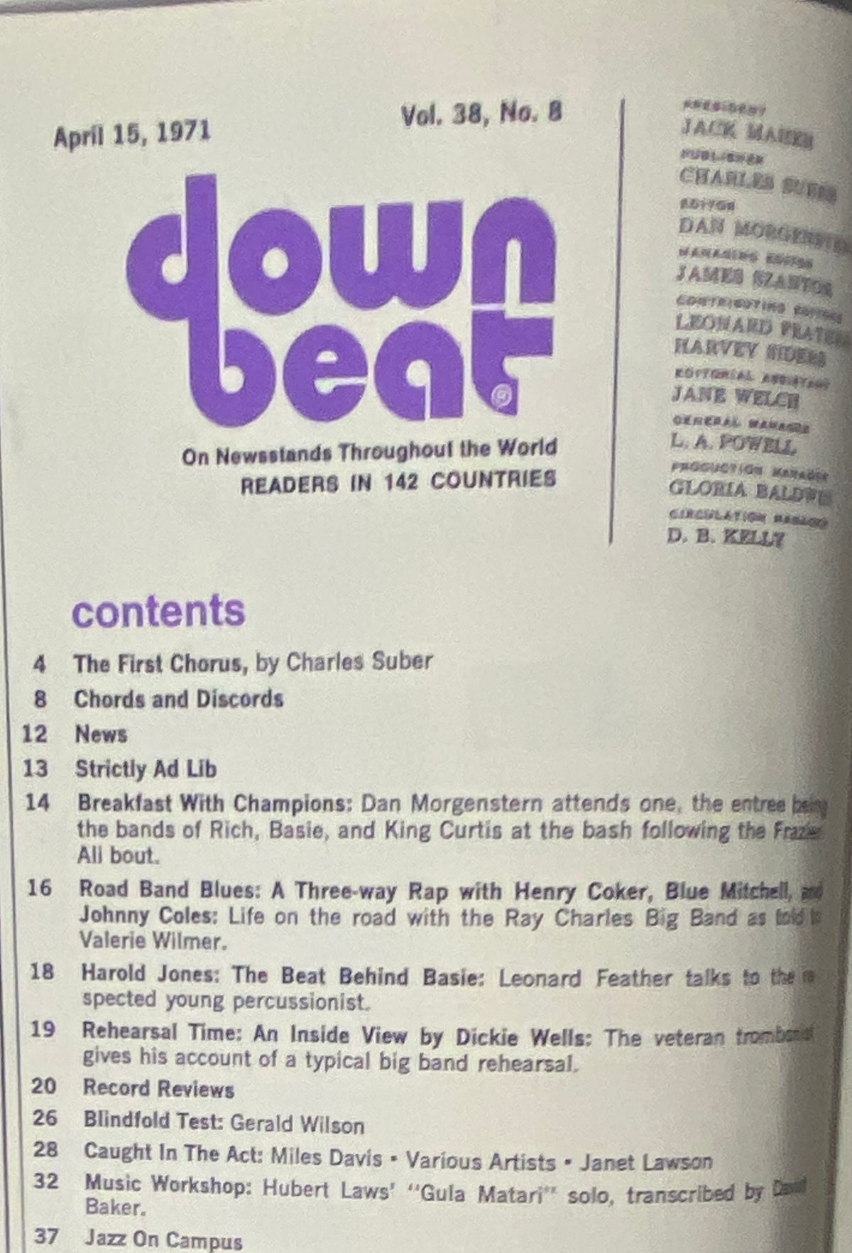Table of Contents for Down Beat Magazine April 15, 1971, Vol 38 No. 8, highlighting articles on Harold Jones, Ray Charles, and other notable jazz features.