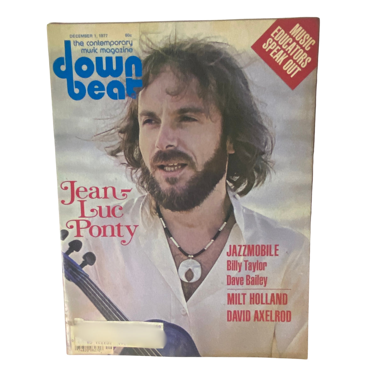 Down Beat Magazine cover from December 1, 1977 featuring Jean-Luc Ponty along with Billy Taylor and Dave Bailey, highlighting innovations in jazz and music education.
