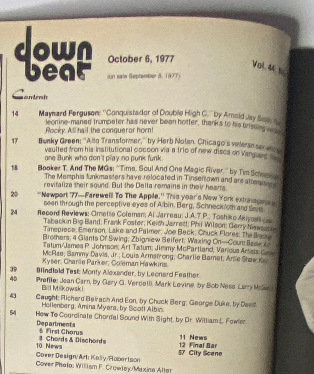 Table of contents for Down Beat Magazine, October 6, 1977, detailing articles on Maynard Ferguson, Bunky Green, and Booker T. and The MGs, highlighting musicians and music culture of the era.