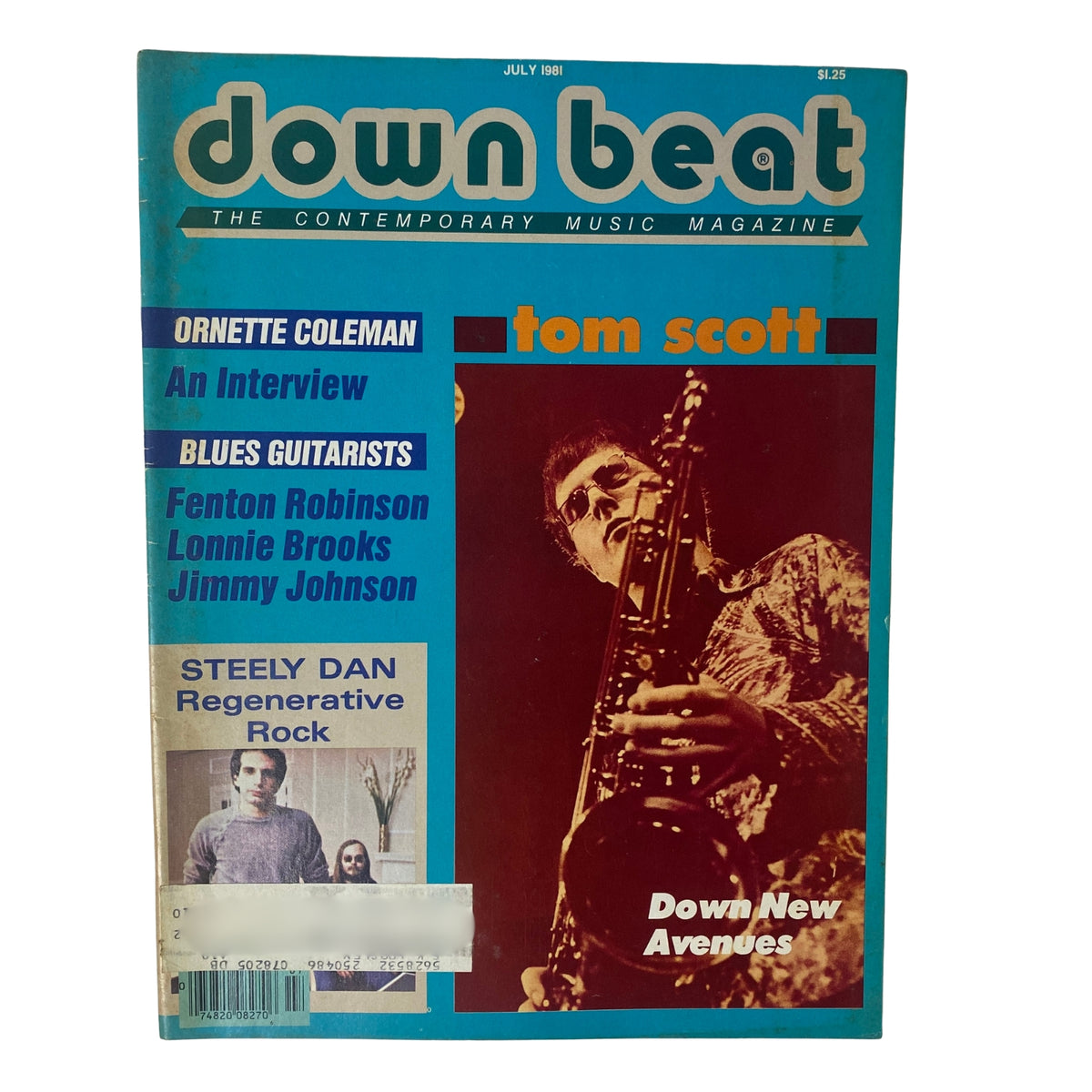 Cover of Down Beat Magazine, July 1981, featuring Tom Scott and highlights on Ornette Coleman and Steely Dan.