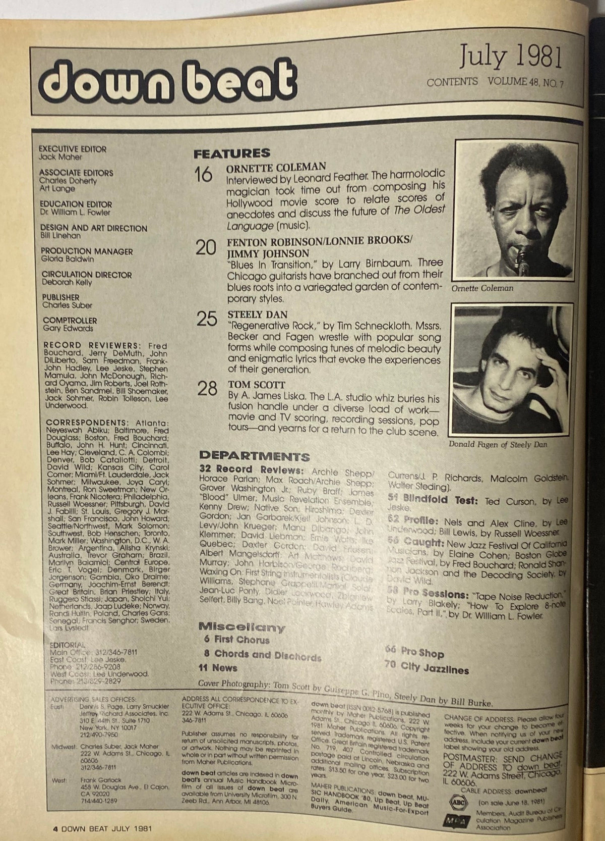 Contents page of Down Beat Magazine, July 1981, detailing features on Ornette Coleman, Fenton Robinson, Lonnie Brooks, Jimmy Johnson, and Tom Scott.