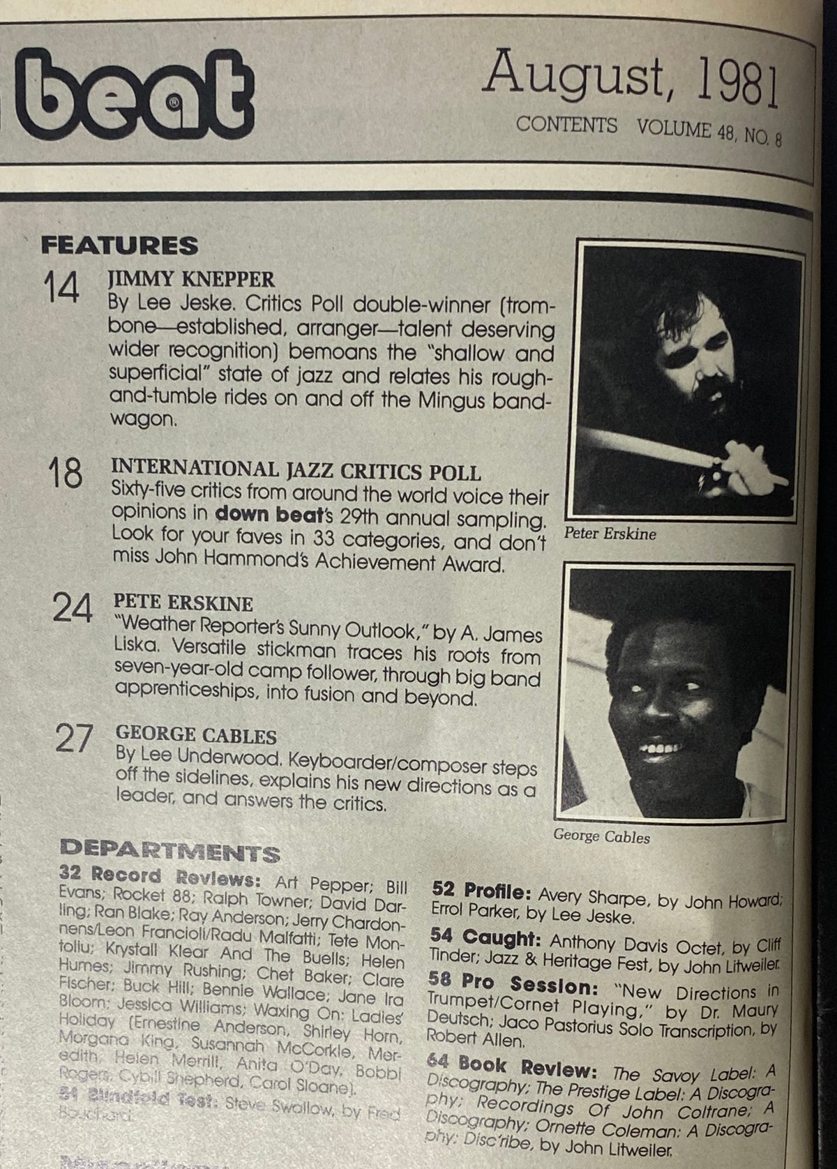 Contents page of Down Beat Magazine August 1981, Vol. 48 No. 8 detailing features on Jimmy Knepper, Peter Erskine, and George Cables.