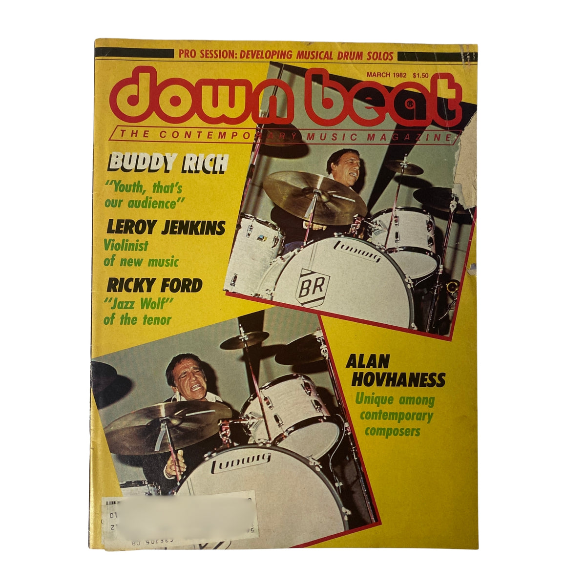 Cover of Down Beat Magazine March 1982 Vol 49 No. 3 featuring Buddy Rich, Leroy Jenkins, Ricky Ford, and Alan Hovhaness.